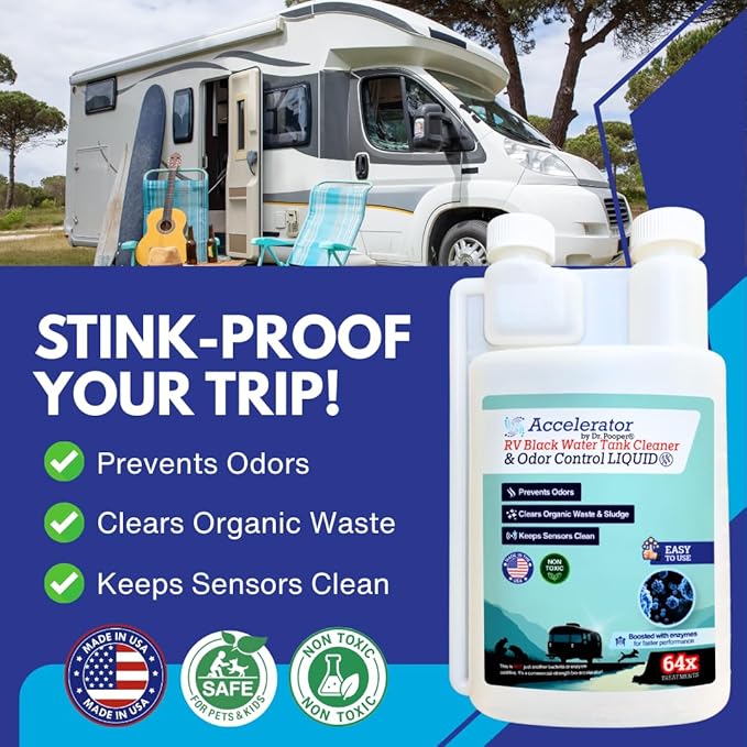 RV Black Water Tank Cleaner & Odor Control Liquid by Dr. Pooper® – Accelerator Bio-Formula | 64 Treatments | Enzyme-Boosted, Non-Toxic, Prevents Odors, Clears Waste & Keeps Sensors Clean | Made in USA