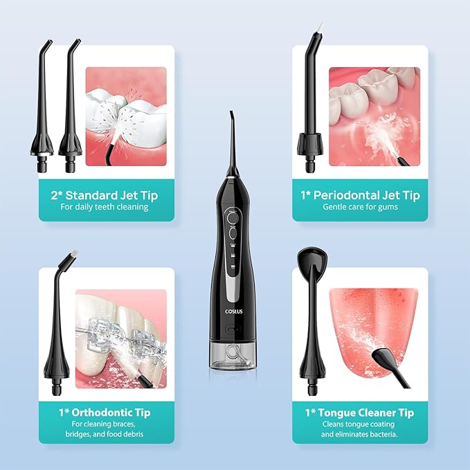 COSLUS Water Dental Flosser Teeth Pick C20: Portable Cordless Oral Irrigator 300ML Rechargeable Travel Irrigation Cleaner IPX7 Waterproof Electric Flossing Machine for Teeth Cleaning, Black