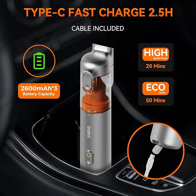 Pocket Car Vacuum with Accessory Kit 6pcs, Cordless, 50 Mins Runtime, 17000pa, 2.5H Type-C Fast Charge, Mini Handheld Vacuum for Home and Outdoor, M3