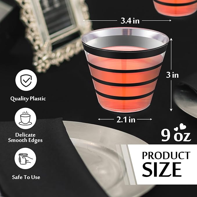Gejoy 9 oz 100 Pcs Black Rimmed Stripe Plastic Cups Bulk Disposable Wine Hard Plastic Drinking Cocktail Cups Tumblers for Wedding Gathering Party Supplies