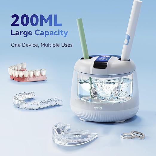 Ultrasonic Retainer Cleaner Machine 48kHz, Dental Cleaning Pod, Ultrasonic Retainer Cleaner for Dentures, Aligners, Mouth Guards, Toothbrush Heads and Jewelry with 200ML Capacity, LAB Supply