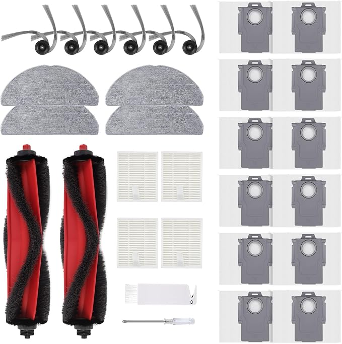 Replacement Parts for Roborock Q7 M5/M5+, Q7 L5/L5+ Robot Vacuum, 2 Main Brushes, 4 Mop Cloths, 4 Filters, 6 Side Brushes, 12 Dust Bags, 1 Cleaning Tool, Accessories Kit