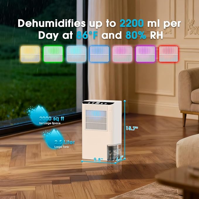 Dehumidifiers for Home, 2000 Sq.Ft Small Dehumidifier with 3.3ft Drain Hose, 2.5L Tank, Timer Sleep Mode, Portable Dehumidifier for Basement, Bedroom, Bathroom (Milk White)