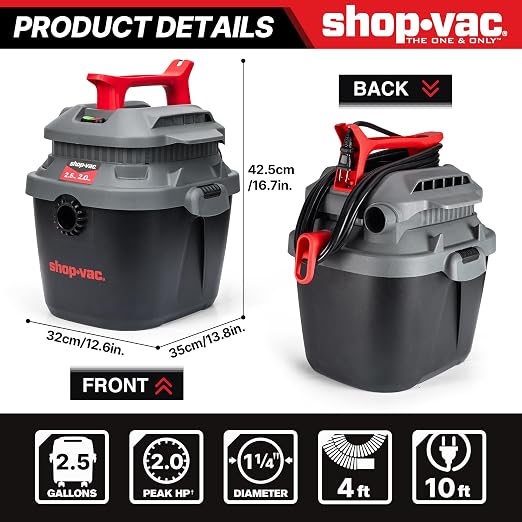 Shop-Vac 2.5 Gallon 2.0 Peak HP Wet Dry Vacuum with Blower, Wall-Mounted Portable Shopvac with 10 Feet Cord, 1.25 Inch x 4 Feet Hose, Small Vacuum Cleaner Ideal for Garage, Workshop & Home, 5430095