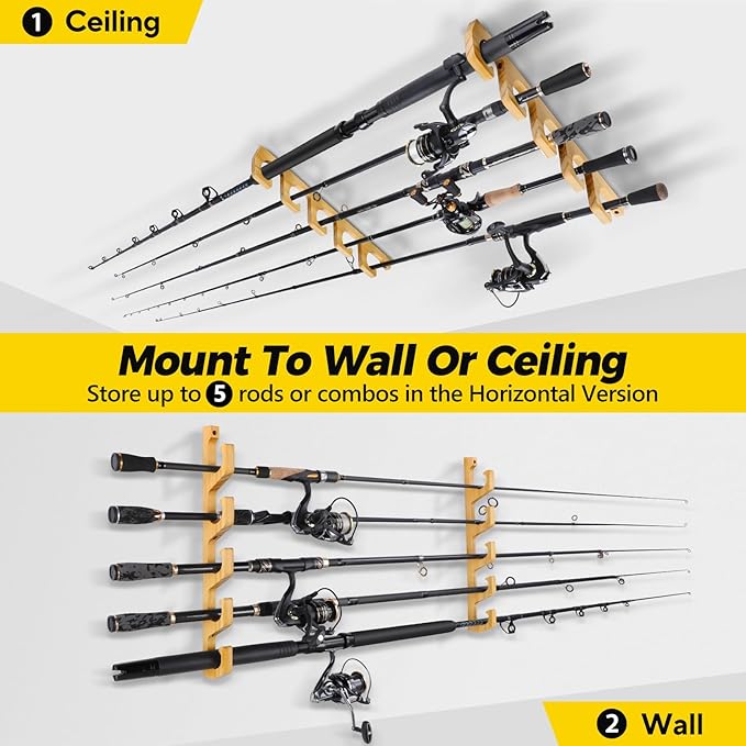 PLUSINNO H5W Horizontal Fishing Rod/Pole Holders for Garage, Wall or Ceiling Mounted Rack, Solid Wood Fishing Rod Holder Holds up to 5/10/20 Rods or Combos Fishing Gear, Gifts for Men