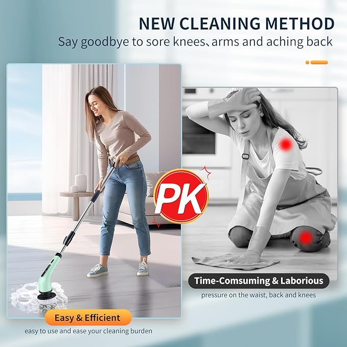 Electric Spin Scrubber, Cordless Electric Scrubber for Cleaning Bathroom,Power Shower Scrubber with Long Handle,Electric Cleaning Brush with 9 Brush Heads for Bathroom,Tub,Floor,Kitchen,Window,Car