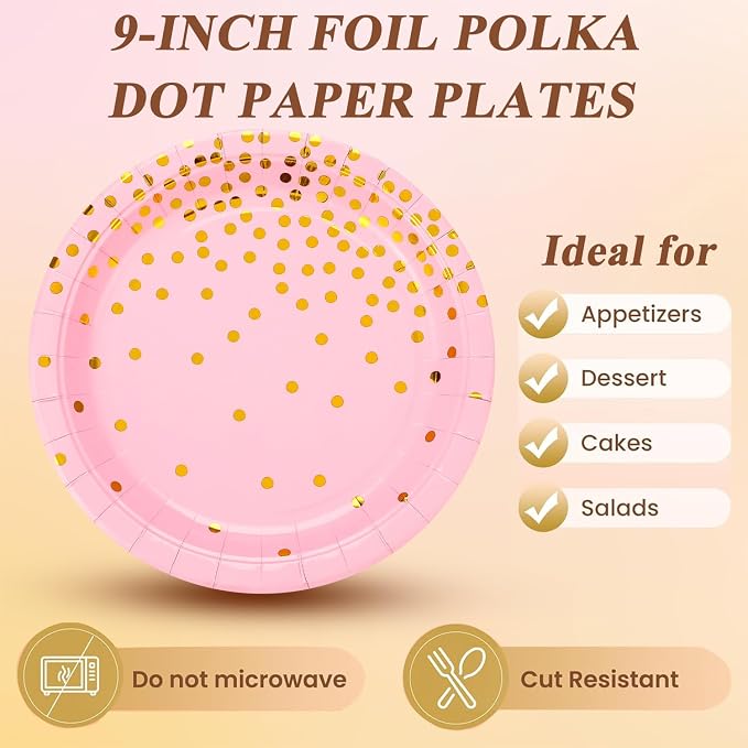 150 PCS Pink and Gold Paper Plates Napkins Forks Party Supplies Serves 50, Golden Dot Disposable Paper Dinnerware 9" Plates for Birthday, Bachelorette, Girl Birthday, Baby Shower