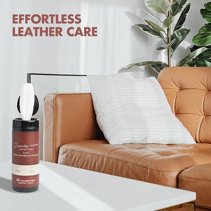 Swanky Leather Wipes - Leather Cleaner and Conditioner for Purses, Shoes, Furniture Polish & Car Seats, Prevents Fading & Cracking, Restores Softness & Shine - Canister, 600 Count