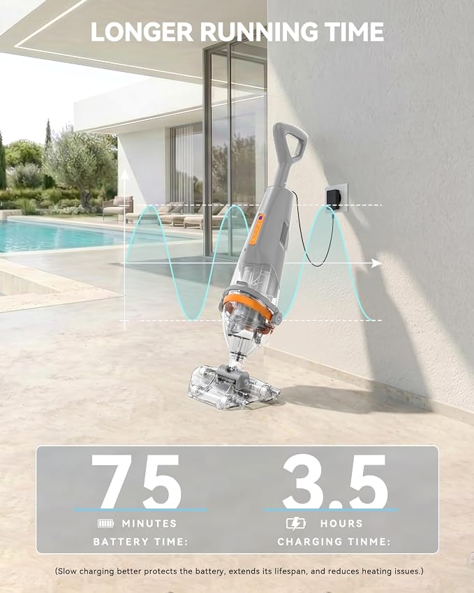 Great Shark Cordless Pool Vacuum with Remote Power Switch, 1.8m Telescopic Pole, 75 Min Runtime, 18 GPM Suction, Handheld Pool Vacuum for Above Ground & Inground Pools, Spa & Hot Tub