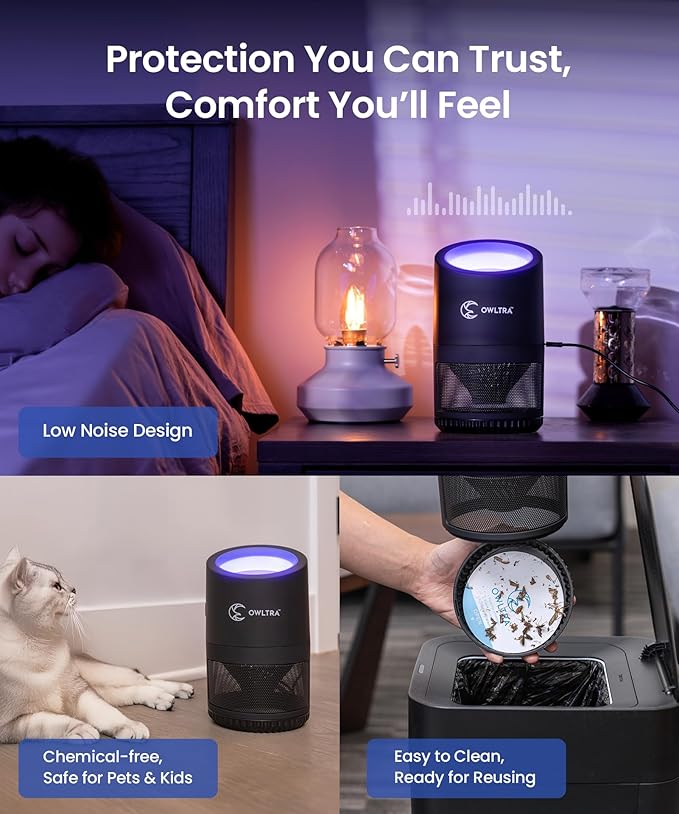 OWLTRA IMT-L70 Indoor Electric Insect Trap, Catcher & Killer Lamp for Fruit Flies, Mosquitos, Moths, Gnats, and More with UV Light Attraction and Fan Suction, Black