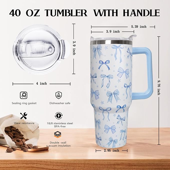 Ceovfoi 40 Oz Blue Bow Tumbler With Handle, Blue Bow Decor Coffee Travel Mug Cup Water Bottle, Gifts for Women Girls