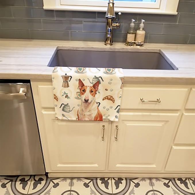 Caroline's Treasures Red and White Bull Terrier Coffee Bar Kitchen Towel Velour Plush Front and Cotton Loop Back Machine Washable