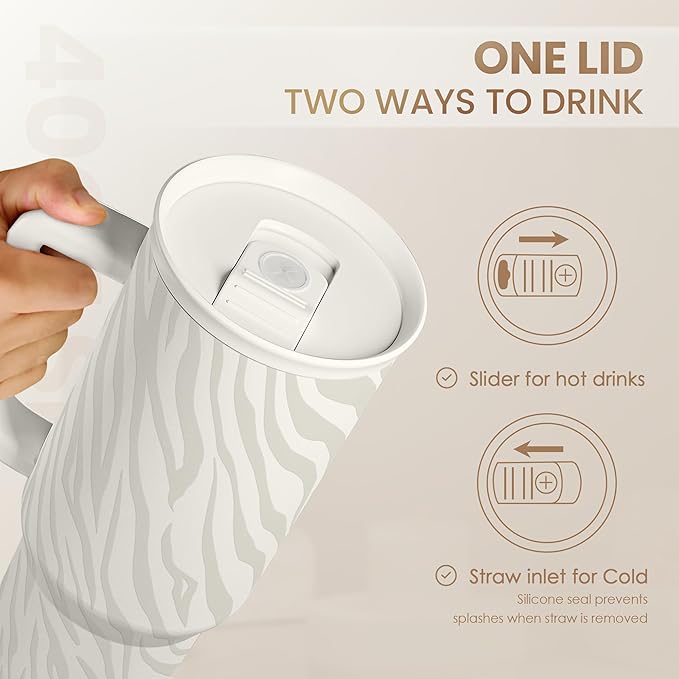 SANDJEST Zebra Skin 40oz Slider Tumbler with Handle and Straw - Insulated Stainless Steel Travel Coffee Mug for Women Girls, Gift for Birthday, Christmas
