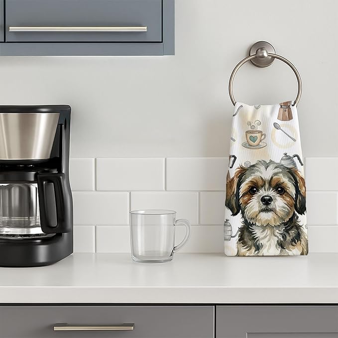 Caroline's Treasures Brindle Shih Tzu Coffee Bar Kitchen Towel Velour Plush Front and Cotton Loop Back Machine Washable