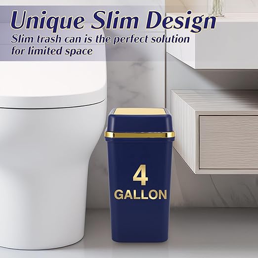 Bathroom Trash Can with Lid 4 Gallon Trash Can with Swing Lid Navy Blue Small Garbage Can Bathroom Garbage Can with 300 Counts Trash Bags for Kitchen Bedroom Office