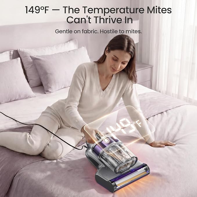 Bed Vacuum Cleaner, 20kPa Handheld Mattress Vacuum Cleaner with 253.7nm UV-C Light, Ultrasonic & 149°F Heating, Triple-Cup, Pet Hair Brush for Cleaning Bed, Sofa, Corded 650W