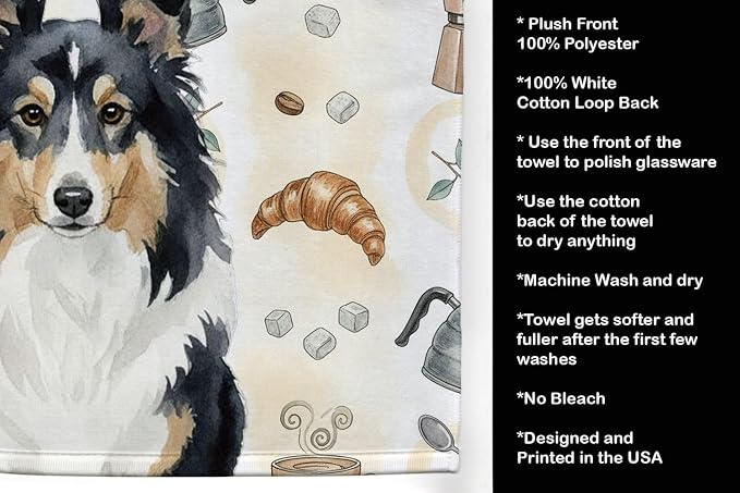 Caroline's Treasures Tricolor Sheltie Coffee Bar Kitchen Towel Velour Plush Front and Cotton Loop Back Machine Washable