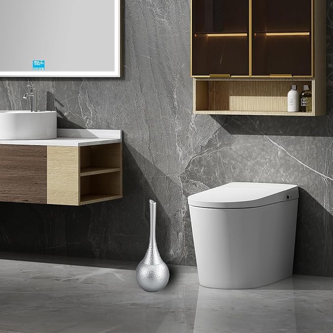Kobizpanda Silver Toilet Brush and Holder Set, Brushed Nickel Modern Bathroom Brush with Anti-Splash Shield 360° Cleaning, ABS Plastic Rust-Proof Waterproof Toilet Bowl Cleaner for Home Spa