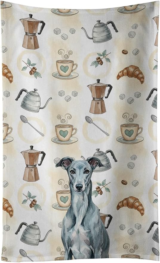 Caroline's Treasures Blue Brindle Greyhound Coffee Bar Kitchen Towel Velour Plush Front and Cotton Loop Back Machine Washable