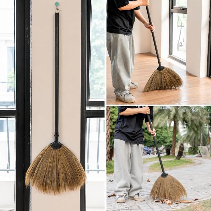 2-Piece Black Wooden Handle Vietnamese Straw Broom, Handmade Asian Grass Broom with Soft Natural Bristles for Indoor Floor, Kitchen, Living Room & Outdoor Sweeping, Household Cleaning