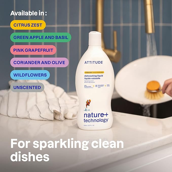 ATTITUDE Dish Soap, EWG Verified, Plant-Based & Vegan Dishwashing Liquid, Naturally Derived, Unscented, 23.7 Fl Oz