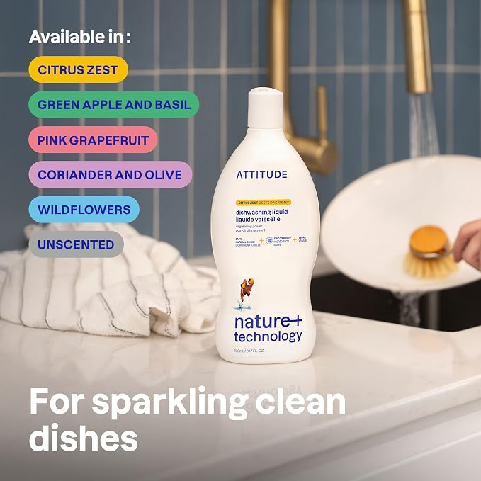 ATTITUDE Dish Soap, EWG Verified, Plant-Based & Vegan Dishwashing Liquid, Naturally Derived, Unscented, 23.7 Fl Oz (Pack of 3)