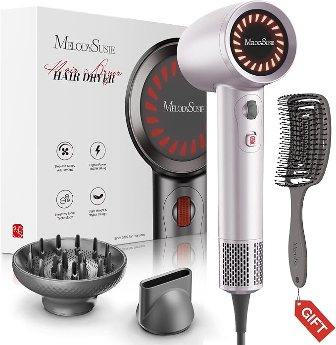 MelodySusie Hair Dryer with Diffuser, 1600W Fast Drying Low Noise Ionic Hair Dryer for Curly Hair with Diffuser,Nozzle and Hair Brush,120,000 RPM Blow Dryer Ideal for Women