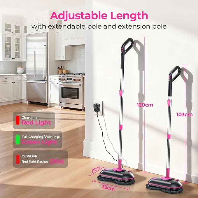 Electric Spin Mop with Water Sprayer, 300ml Tank Cordless Self-Propelled Floor Cleaner for Hardwood & Tile, Adjustable Handle, Quiet Cleaning, 2500mAh Long-Lasting Battery, Pink