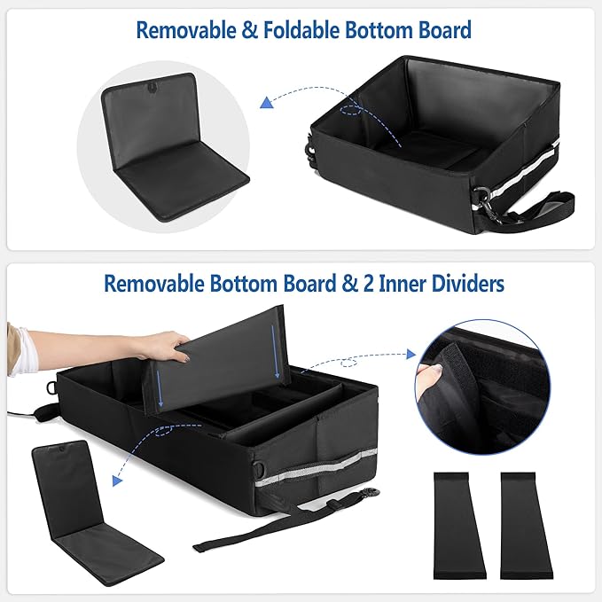 GRAOSO Trunk Under Seat Storage Fit for Super Crew, Tool Organizer Box Under Rear Seat for Three Seats with Removable Bottom Boards, Side Handles and Hook Snap Fix Straps, Black