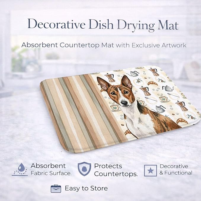 Caroline's Treasures Brindle and White Basenji Coffee Bar Dish Drying Mat Absorbent Dish Drying Mat Pad for Kitchen Counter Dish Drainer Mat for Countertop, 14 x 21", Multicolor