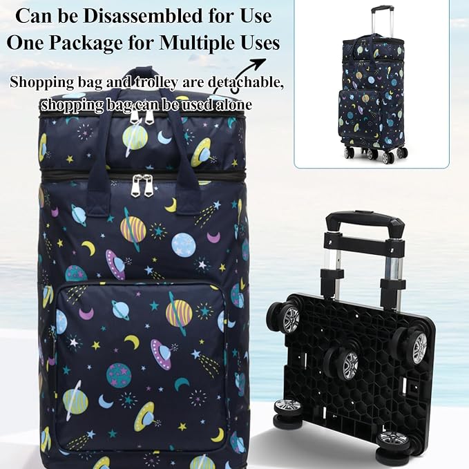 2 in 1 Shopping Cart with Wheels, Grocery, Portable Utility Dolly, Luggage Cart, Foldable Hand Truck with Built-in Removable Waterproof Bag for Shopping, Camping, Travel (Starry Sky)