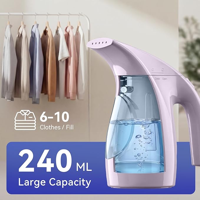 HiLIFE Steamer for Clothes, Portable Handheld Design, 240ml Big Capacity, 700W, Strong Penetrating Steam, Removes Wrinkle, for Home, Office(ONLY FOR 120V) (Pale Lilac)