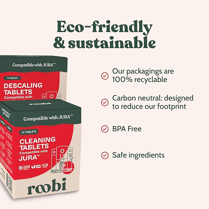 Roobi Jura Compatible Cleaning & Descaling Kit. Specially Formulated to Clean & Descale your Jura Espresso Machine. 100% Vegan, Carbon Neutral.
