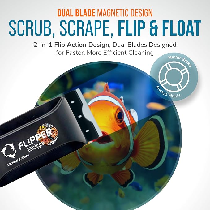 FLIPPER EDGE Standard Limited Edition Clownfish Magnetic 2-in-1 Aquarium Cleaner for Glass and Acrylic Tanks up to 1/2" (12mm) Thick – Dual Blade Design with Floating Algae Scraper and Cleaning Tool