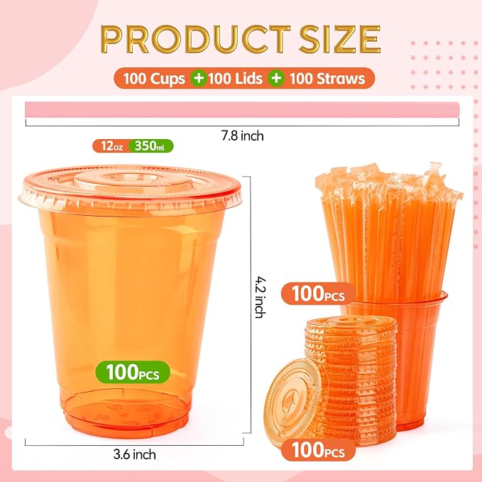 100 Set Orange Plastic Cups with Lids and Straws 12 oz Disposable Drinking Clear Cups for Wedding Orange Birthday Party Supplies