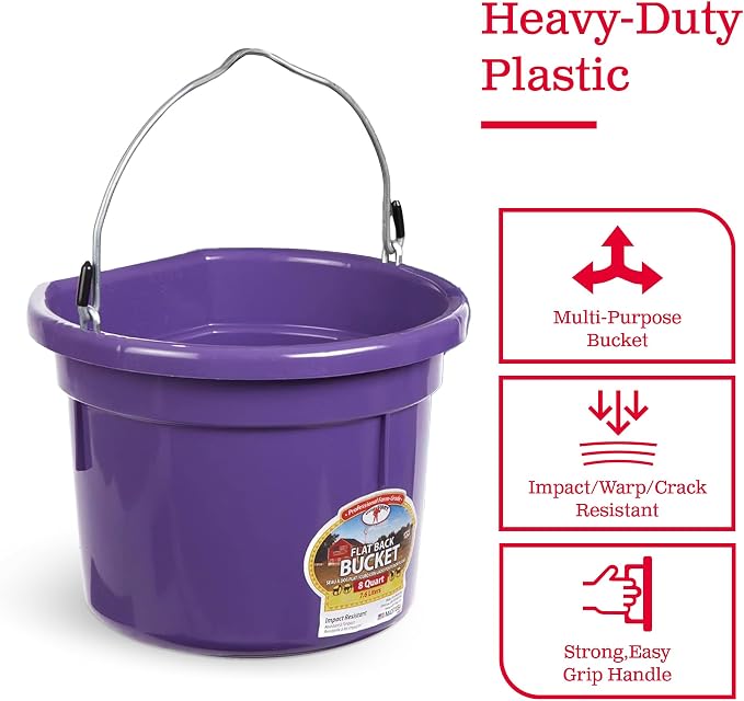 Little Giant P8FBPURPLE 2 Gallon All Purpose Heavy Duty Farm Flat Back Plastic Buckets for Supplies, Toys, Laundry, and Water, Purple, (2 Pack)