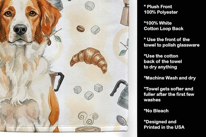 Caroline's Treasures Orange and White Brittany Coffee Bar Kitchen Towel Velour Plush Front and Cotton Loop Back Machine Washable