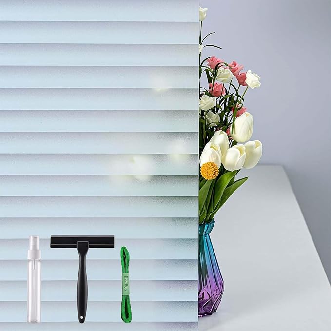 DERZGAO Window Privacy Film with Installation Tools, Blinds Window Cling, Static Cling, Anti UV, Heat Control, Ideal for Home Shower Office Glass Door, (Blinds Pattern, 17.5X78.7 Inch)