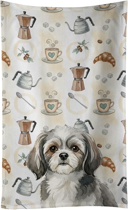 Caroline's Treasures Grey and White Tibetan Spaniel Coffee Bar Kitchen Towel Velour Plush Front and Cotton Loop Back Machine Washable