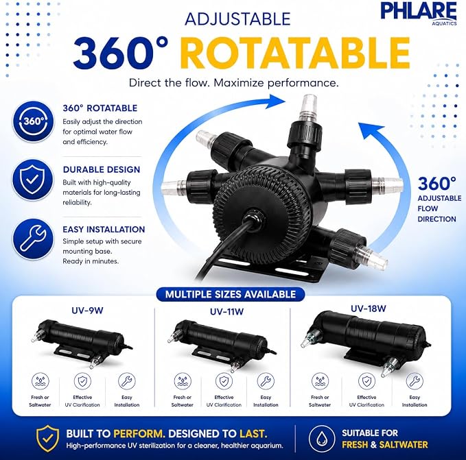 UV Aquarium Filter – 9W External UV Light for Fish Tanks & Ponds | Promotes Crystal Clear Water | Freshwater & Saltwater | Inline UV Clarifier for Aquariums