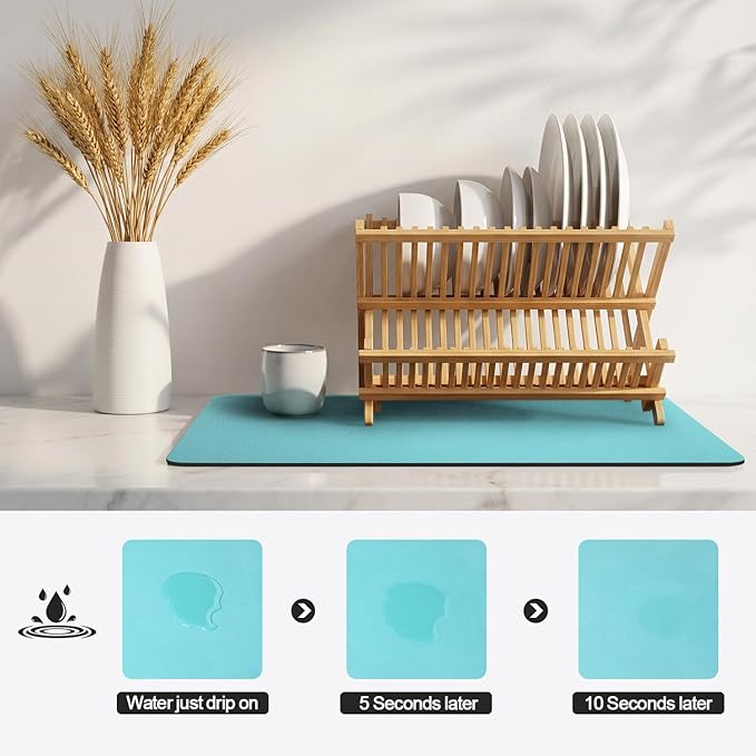 Ecotrim - Dish Drying Mat for Kitchen Counter | Coffee Bar Mat for Countertops | Heat Resistant Drainer Mat with Non-slip Rubber Backed | Hide Stain Kitchen Absorbent Draining Mat | Turquoise 18"x24"