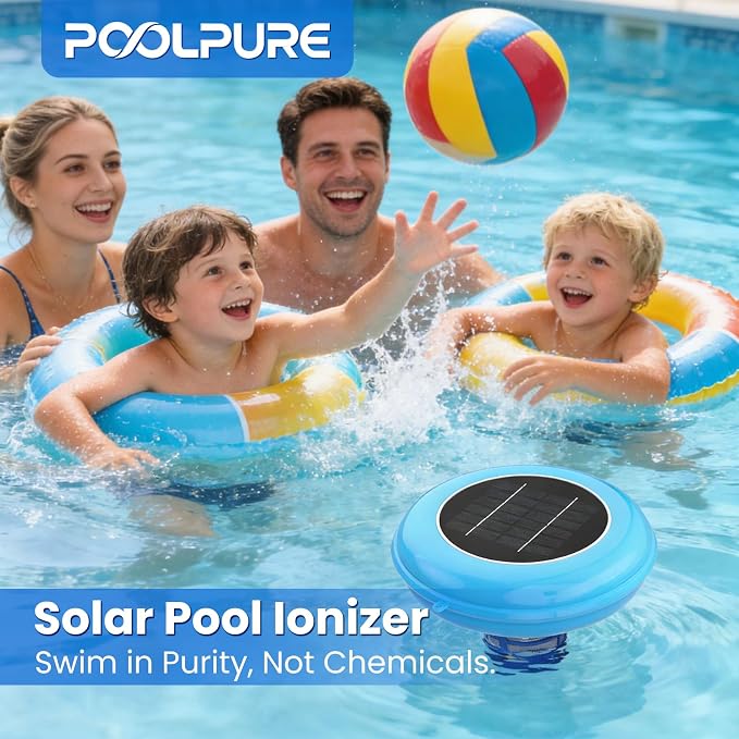POOLPURE Solar Pool Ionizer, Copper Floating Cleaner, Use up to 85% Less Chlorine, Ideal Pool Cleaner for Above Ground, In-Ground Pools, Spas and Hot Tubs, Up to 35,000 Gal (Blue)
