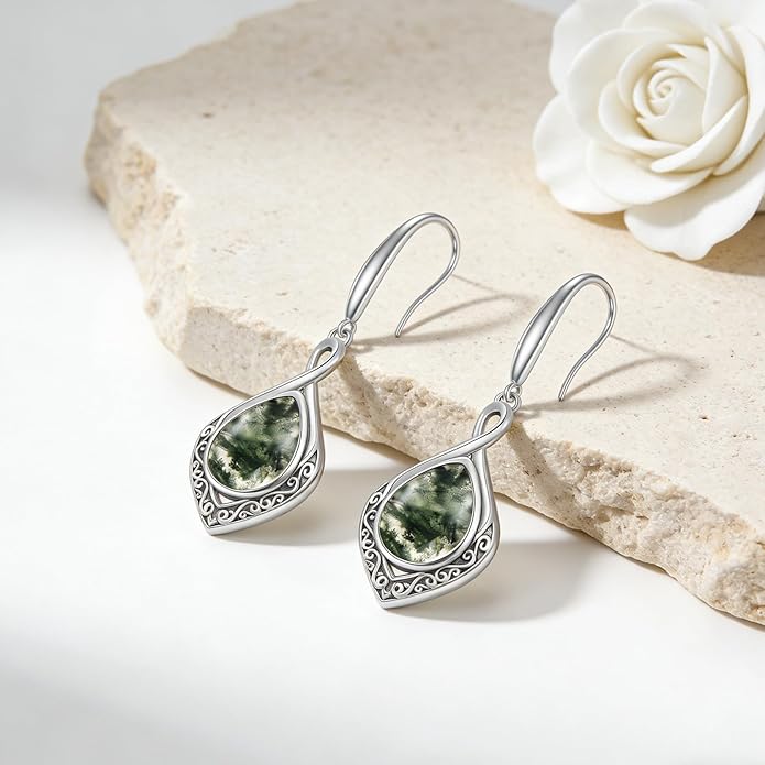 PELOVNY Celtic Knot Filigree Earrings for Women 925 Sterling Silver Moss Agate/Birthstone Infinity Earrings Birthday Christmas Jewelry Gifts for Mom Daughter Wife Sister