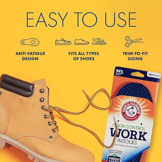 Arm & Hammer Anti-Fatigue Memory Foam Odor Insoles for Work Boots - Arch Support Boot Odor Eater Insole Inserts for Men and Women, Ideal for Plantar Fasciitis, Sole Insoles for Relief - 6 Pack