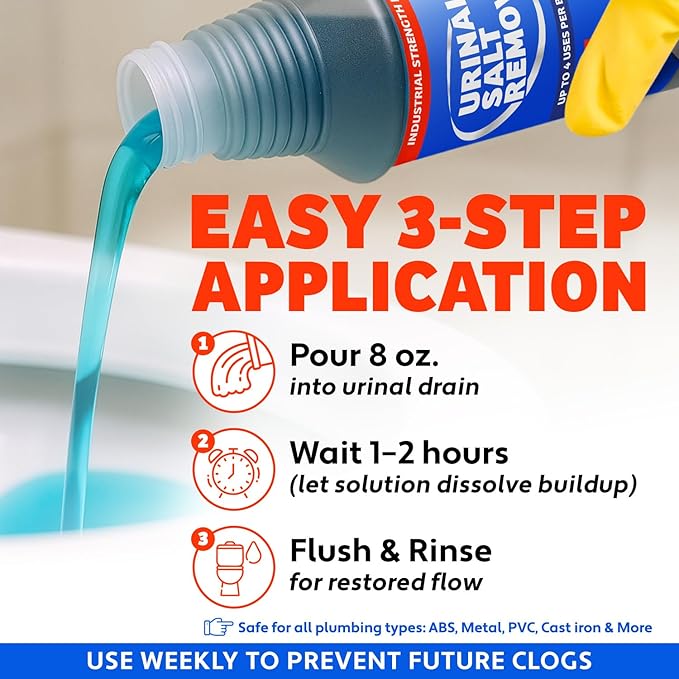Commercial-Grade Urinal Salt Remover – 4 Uses – Made in USA – Odor Neutralizing Urinal Cleaner for Salt, Calcium, Rust and Scale Build-Up – Safe For All Plumbing – 32 fl oz
