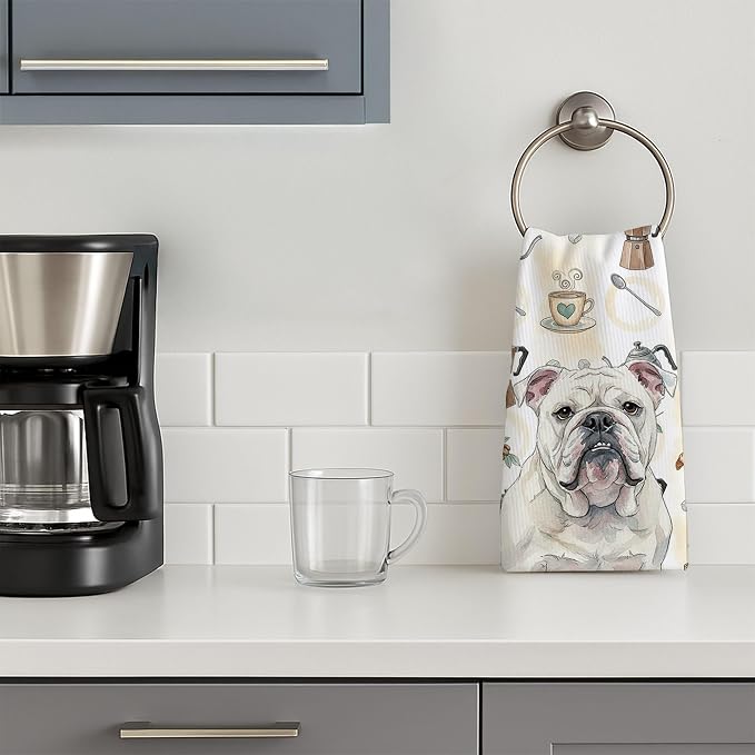 Caroline's Treasures White English Bulldog Coffee Bar Kitchen Towel Velour Plush Front and Cotton Loop Back Machine Washable