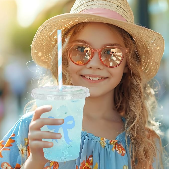Whaline 50 Pcs Bow Disposable Plastic Cups with Lids and Straws 12 Oz Blue Bow Knot Cold Beverage Drinking Cups