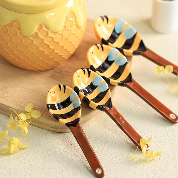 Sizikato 4pcs Porcelain Measuring Spoons with Base, Cute Ceramic Bee Spoons and Honeycomb Cup
