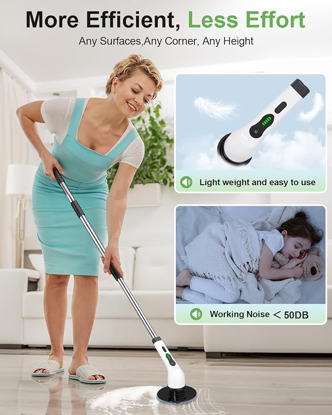 Electric Spin Scrubber, Cordless Cleaning Brush, Shower Scrubber IPX7 Waterproof Bathroom Scrubber, Adjustable Extension Handle, Floor Polishers 7 Heads 2H Power Dual Speed for Floor Car Cleaning.