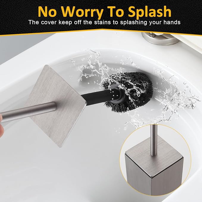 Toilet Brush and Holder Floor Standing, Brushed Nickel with 2 Replaceable Heads, Freestanding Toilet Bowl Brush with Removable Liner and Splash Guard, Modern Square Design